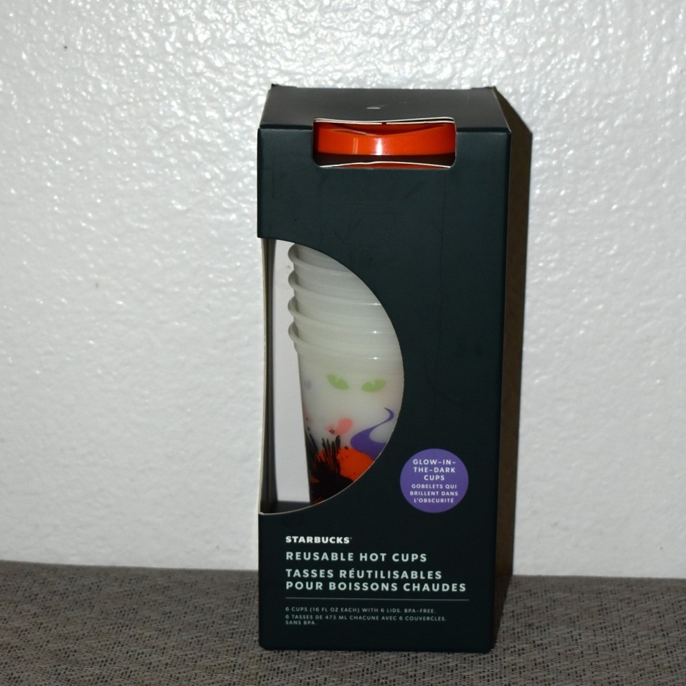 Starbucks Reusable Hot Cups 16oz Multi New Halloween 2022 Glow In Dark 6pk